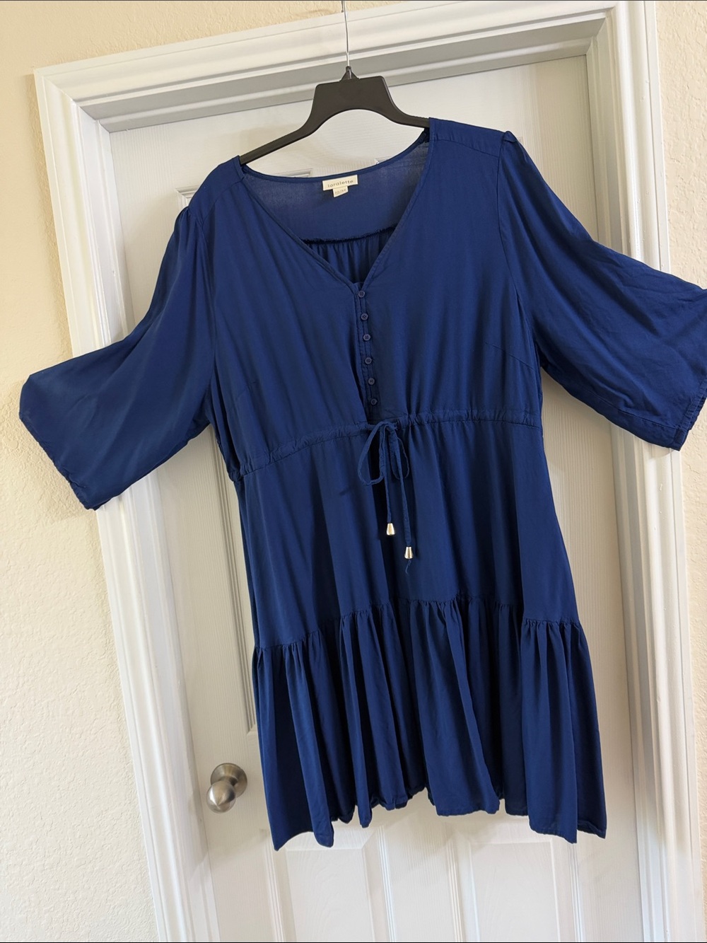 loralette Royal Blue Button-Front Tiered Tunic with Drawstring Dress